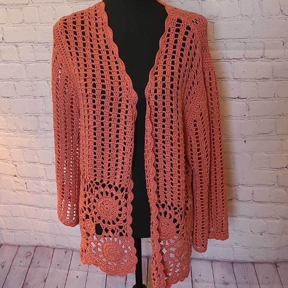 Coral Rust Knit Crochet Large Ponsesa Open Front Cardigan